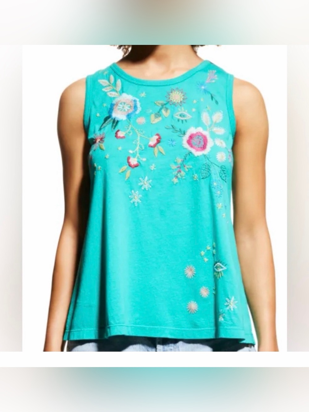 Johnny Was Teal Floral Embroidered Tank
